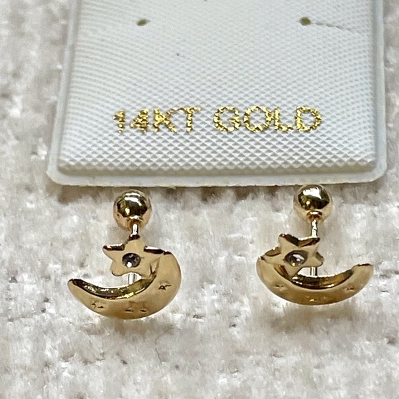 Solid Yellow Gold 14 Karat Half Moon Cz Earring - Picture 3 of 7